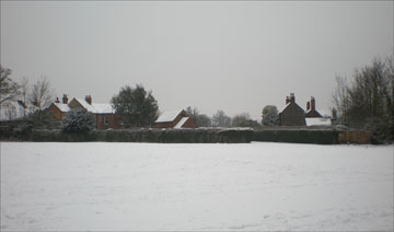A view of village buildings in winter